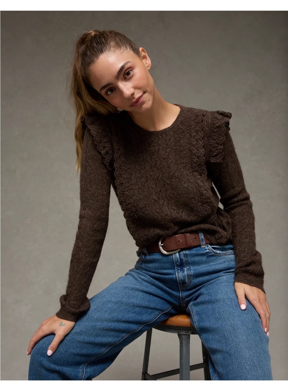 American Eagle Outfitters Brown Ruffle-Shoulder Crewneck Sweater